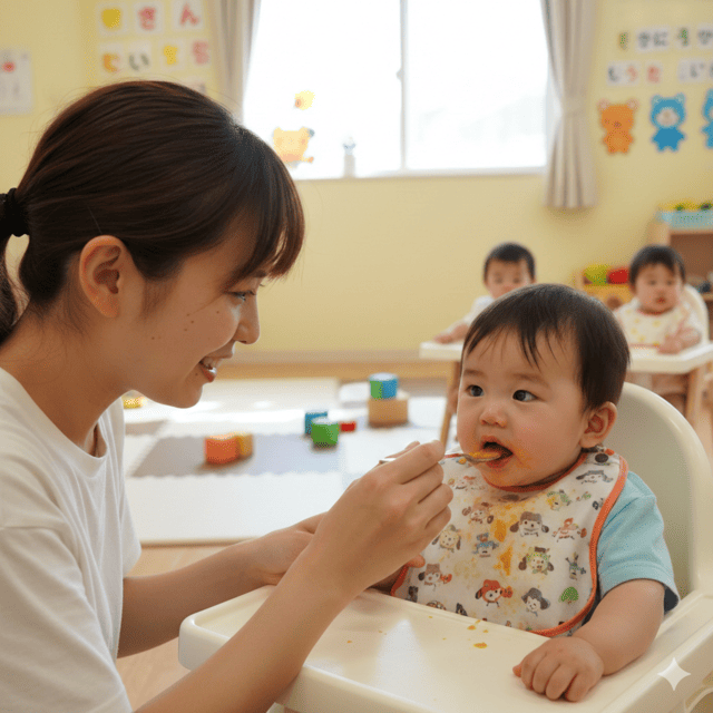 保育園で離乳食を食べている赤ちゃんの画像
